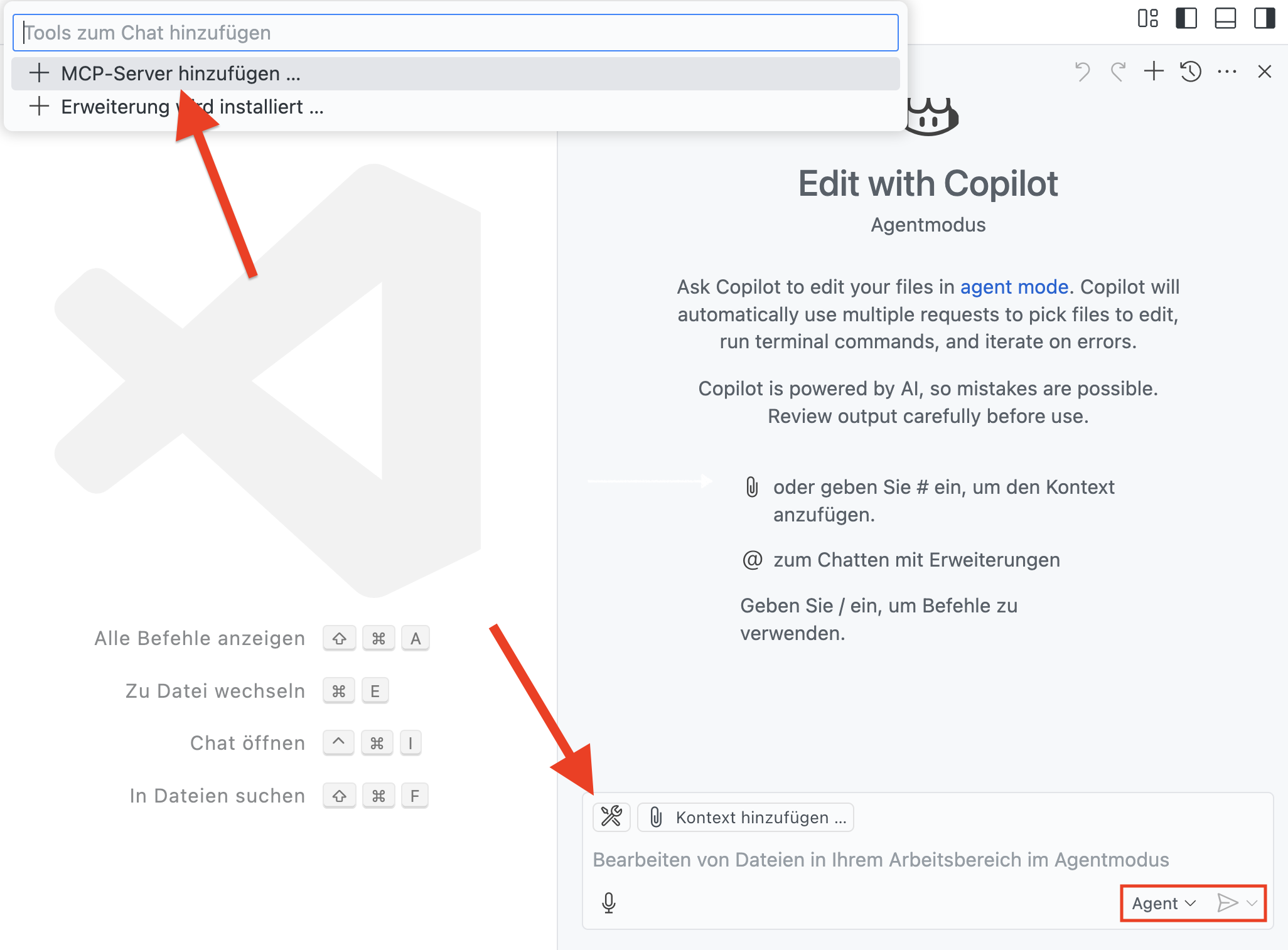 Bild eines Dialog in VS Code der zeigt, wie ein MCP Server im Agent Modus hinzugefügt werden kann.