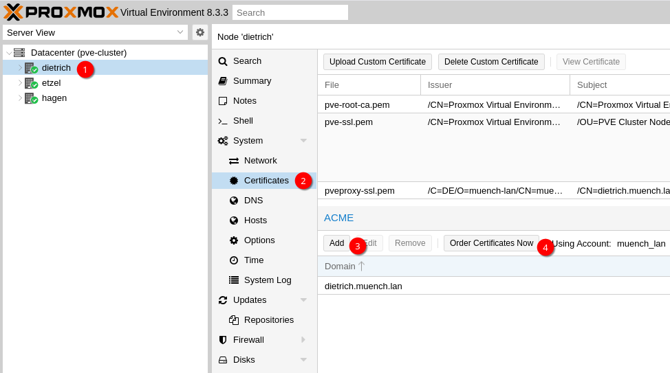 Proxmox UI - Zertifikat konfigurieren