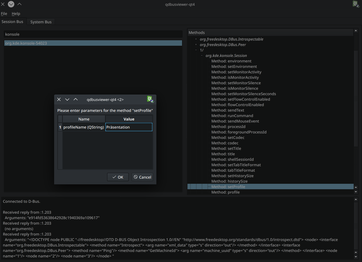 qdbusviewer mit Befehl setProfile