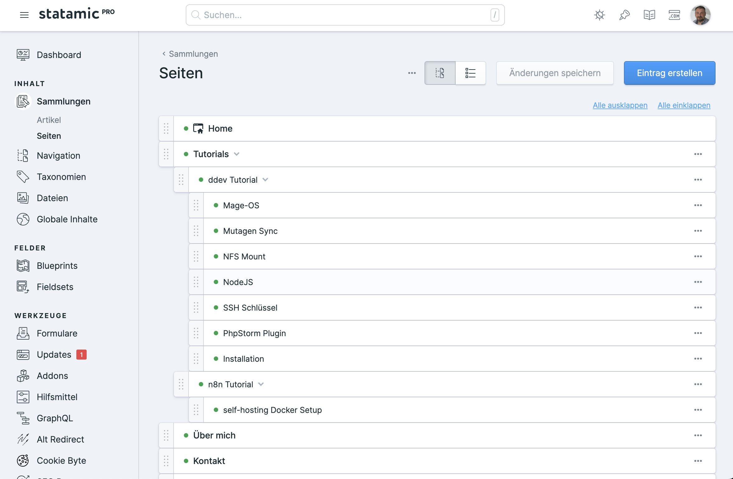 Ein Blick in das Statamic Backend - Seitenbaum