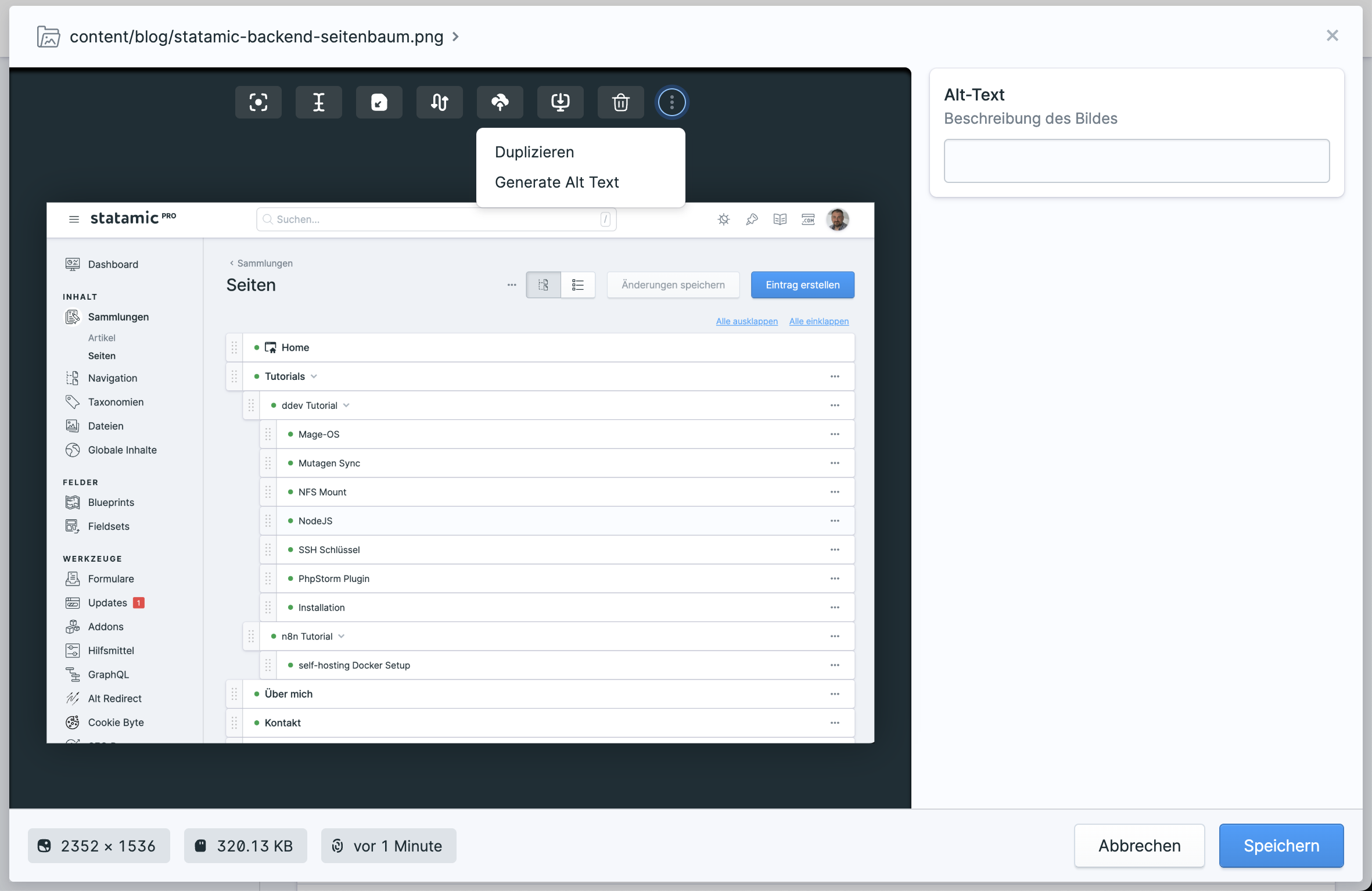 Ein Asset mit AI Alt Tag Generierung im Statamic Backend