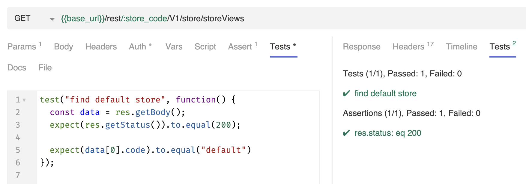 Ein Code-Snippet zeigt einen Testfall in JavaScript, der überprüft, ob ein Standardspeicher gefunden wird. Der Test stellt sicher, dass der Status 200 zurückgegeben wird und dass der Code des ersten Datensatzes "default" ist.