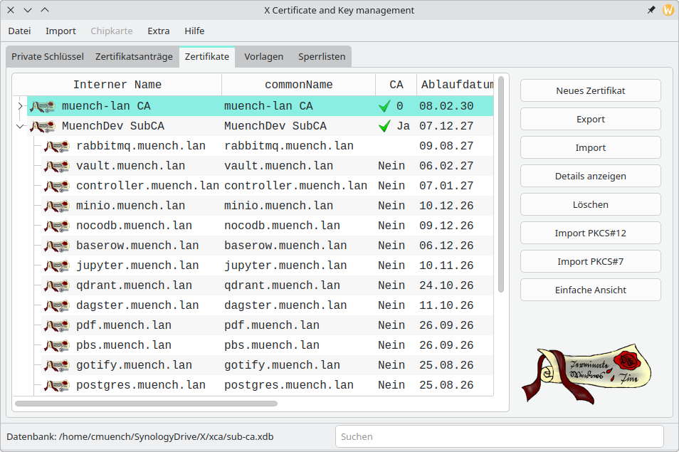 Das Tool XCA mit einer Liste meiner Zertifikate